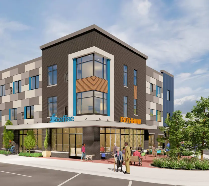 Rendering of The Rathnaw at the corner of West Warren Avenue